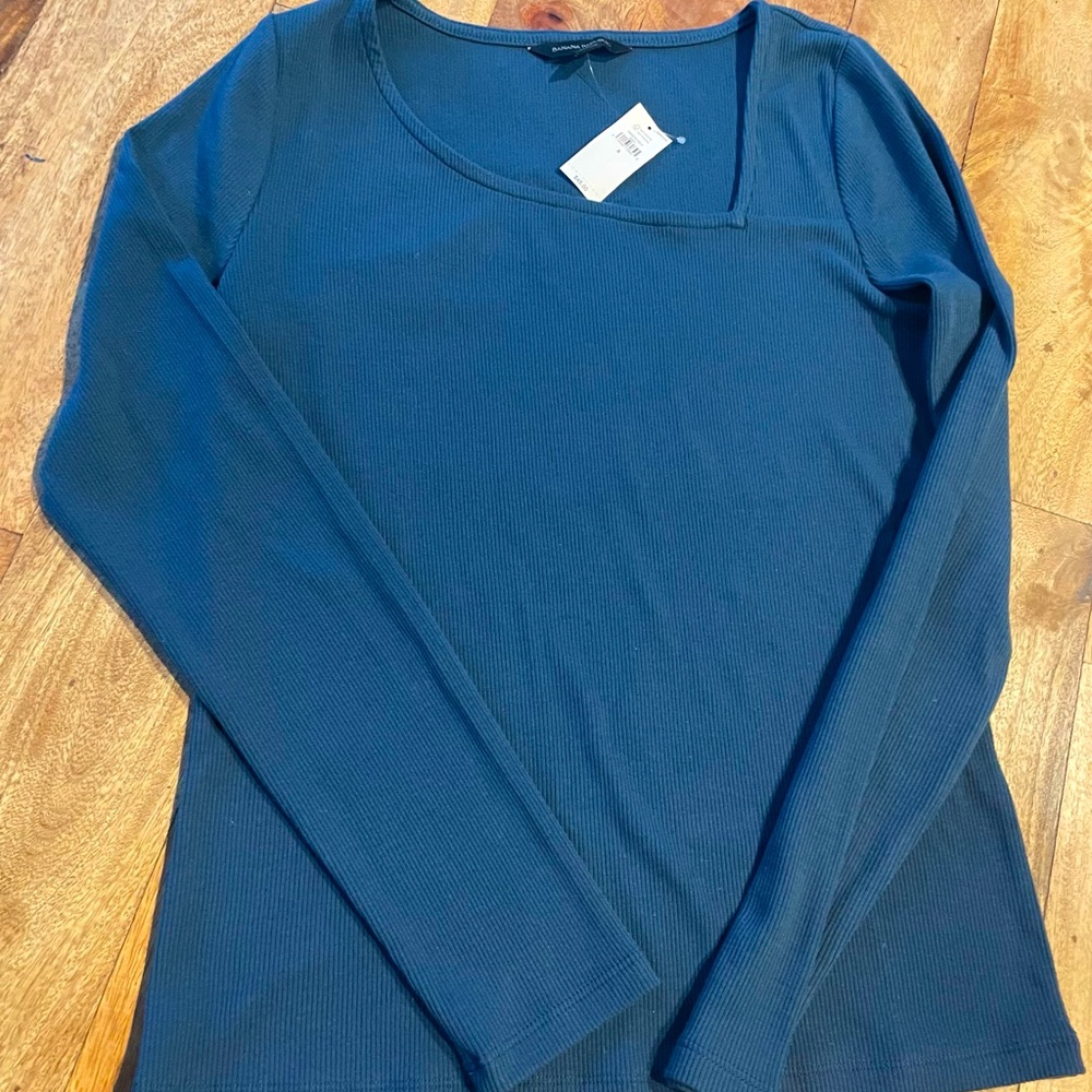 Brand NEW Banana Republic Teal Blue Asymmetrical neckline ribbed long sleeve - Picture 7 of 9